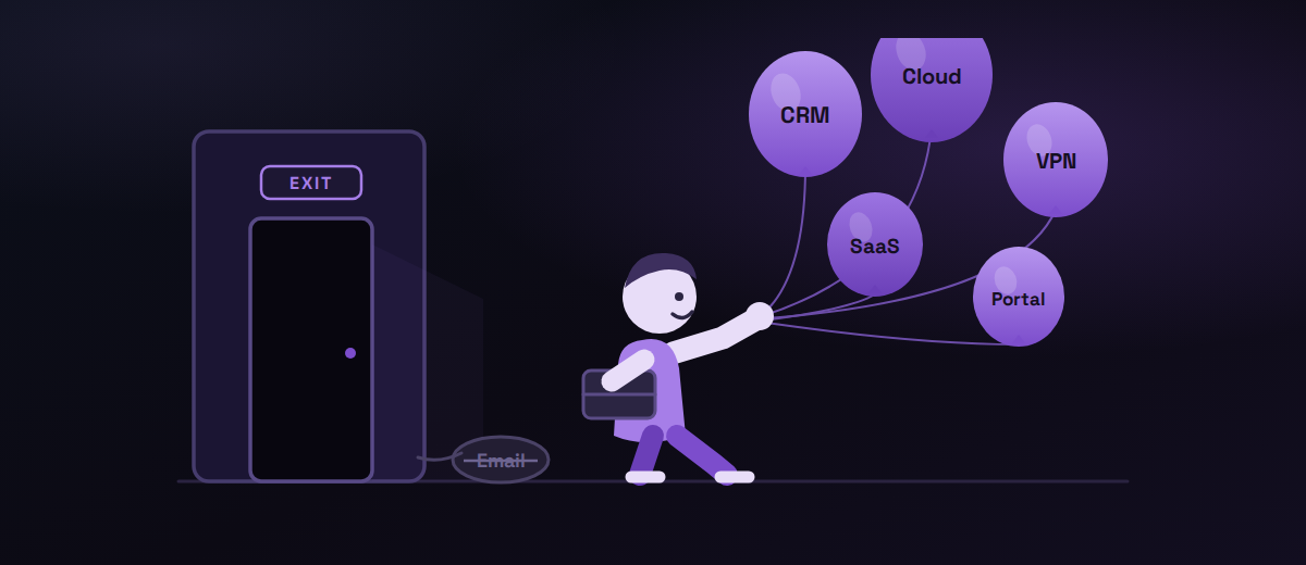 An employee walking out of the office holding balloons labelled CRM, Cloud, VPN, SaaS and Portal, with a single deflated balloon marked Email left on the floor